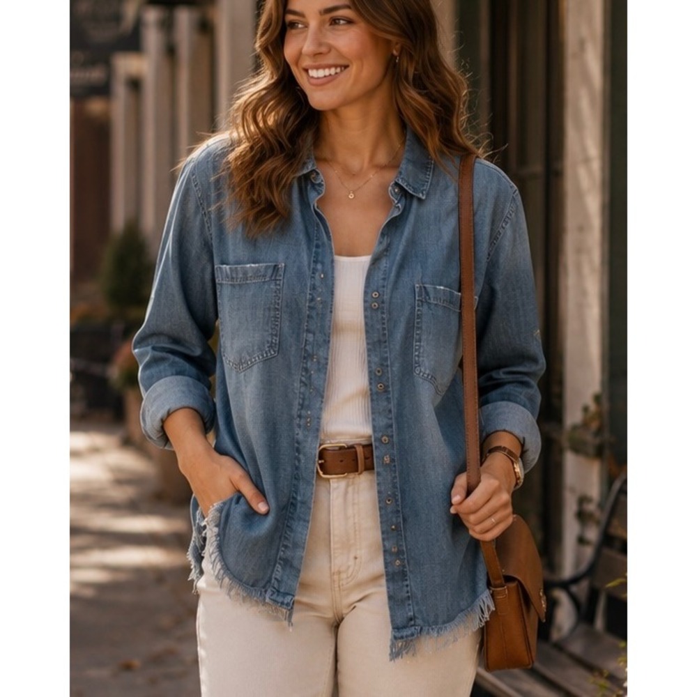 Cloth & Stone Womens‎ Button Down Shirt Blue Medium Casual Distressed
